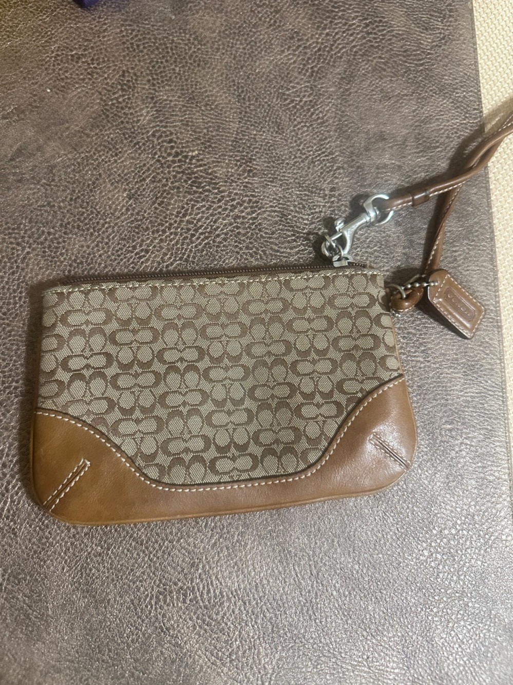 Coach Brown Signature Canvas Wristlet with Leather Trim
